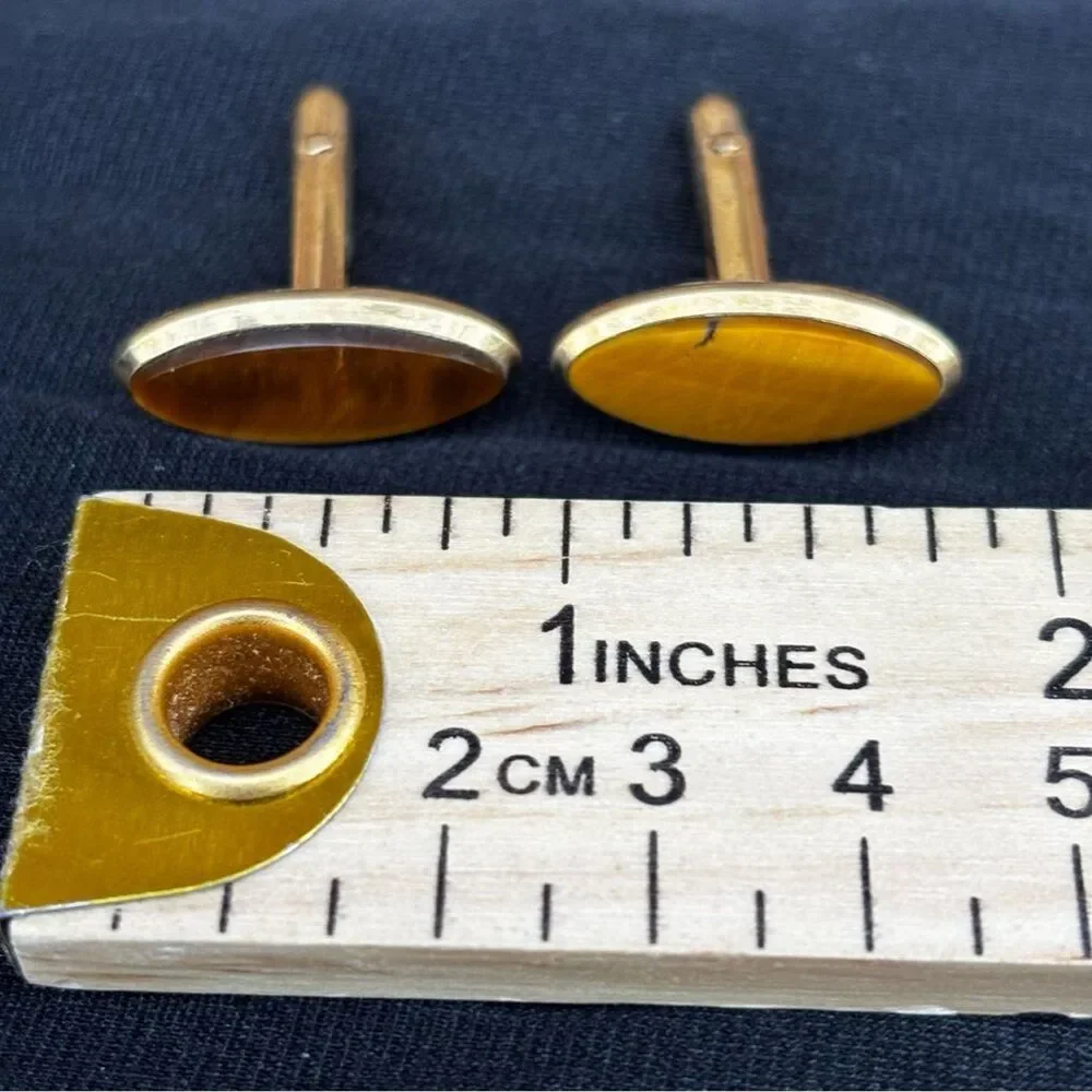Vintage 1/20 14K Gold Filled Long Oval Tiger Eye Cufflinks Retro Eclectic